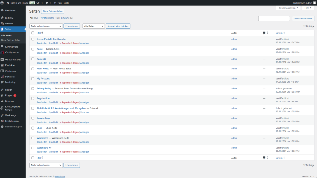 WordPress Seiten bearbeiten Übersicht